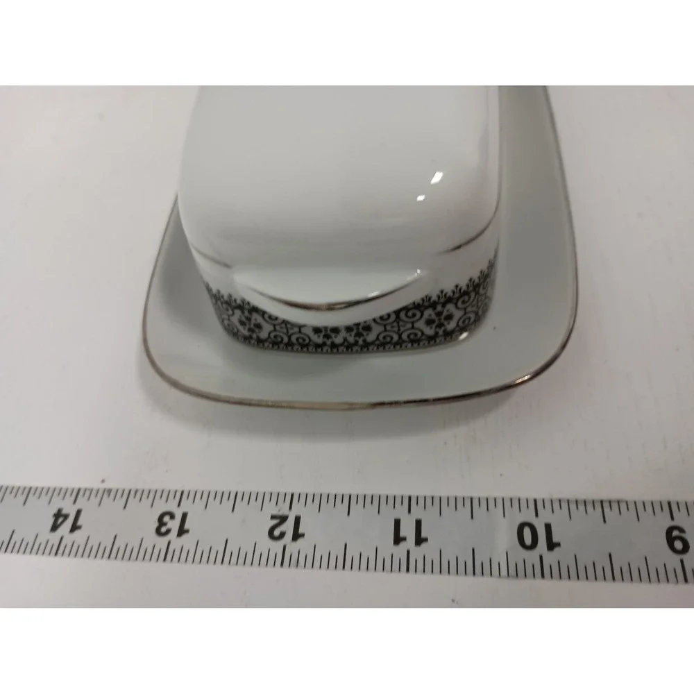 Noritake Vintage‎ Butter Dish White Silver Trim Black Filigree Pattern Japan